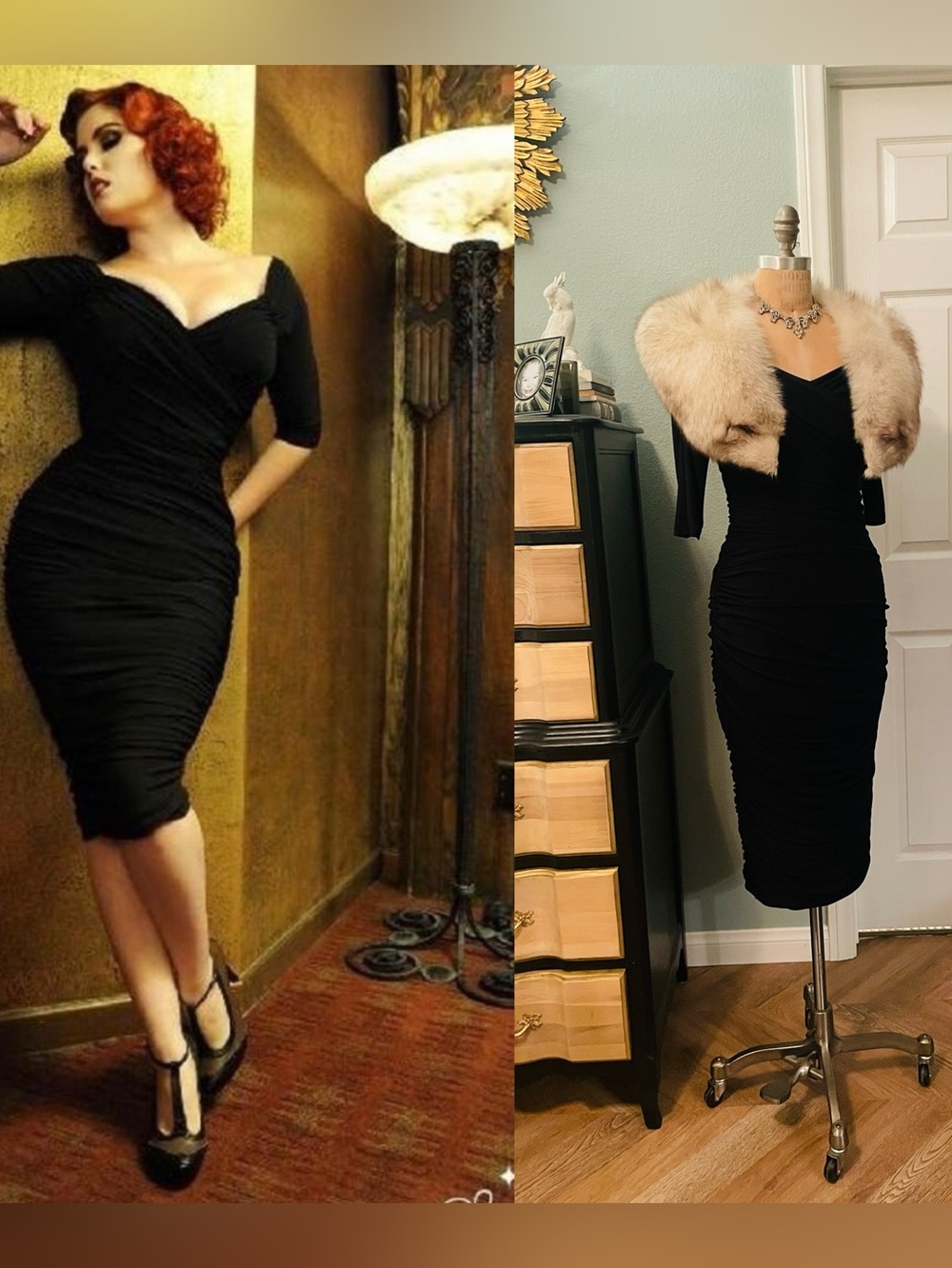 ♥️ Black Ruched Midi Wiggle Dress, Monica dress pin up couture PUG Laura Byrnes - Picture 14 of 15